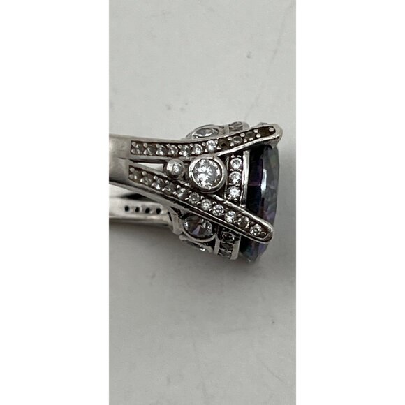 Sterling Silver Mystic Topaz Ring Sz 9 Rainbow 12mm Stone CZ Accents Art Deco - Picture 12 of 13